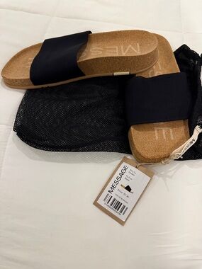 MESSAGE Black Cork Slide Sandals for Women